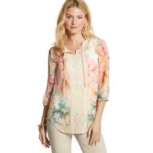 Chico’s Lynelle Pastel Floral Sheer Lace Crochet Bib Top Blouse Shirt XL